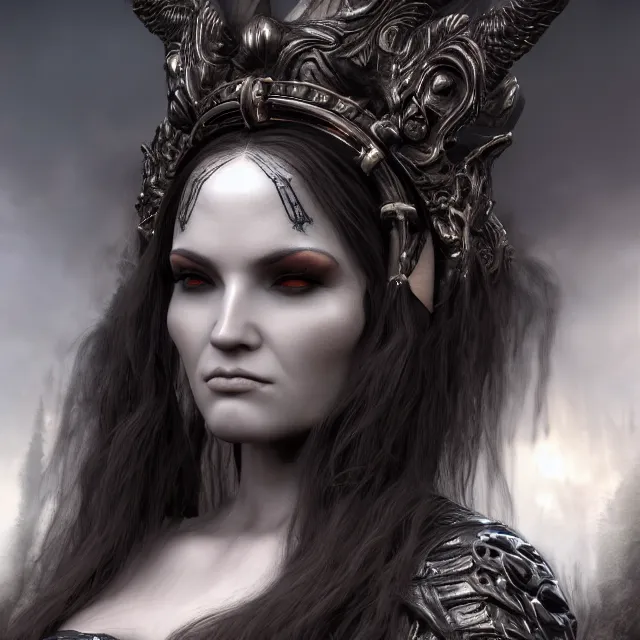 Image similar to perfectly - centered close - up portrait, candid photography, goddess of death, by anne stokes, updo, highly detailed, accurate, unreal engine 5