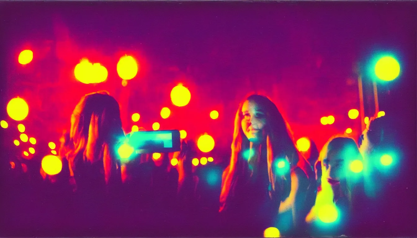 Image similar to colorful instant photograph girls night out in a city at night, polaroid, light leak, raw, nostalgic