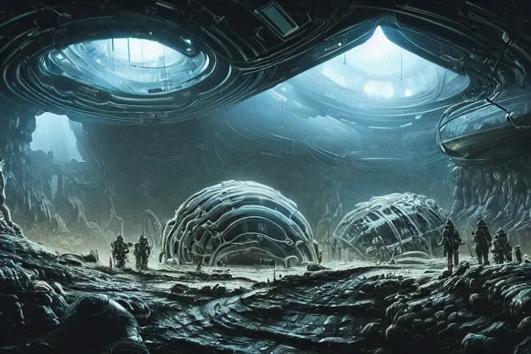 Prompt: Epic science fiction cavescape. In the foreground is soldiers in battle-armor searching, in the background alien machinery and alien eggs. An abandoned alien spaceship is between them. Stunning lighting, sharp focus, extremely detailed intricate painting inspired by H.R. Giger and Simon Stalenhag