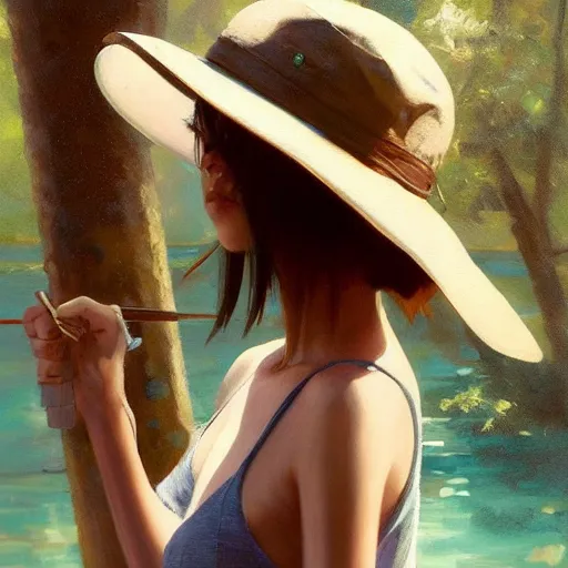 Image similar to oil painting by ilya kuvshinov,, baugh casey, artgerm craig mullins, coby whitmore, of a youthful japanese girl, long hair, fisherman's hat, highly detailed, breathtaking face, studio photography, noon, intense bounced light, water reflection, large tree casting shadow, serine intense sunlight