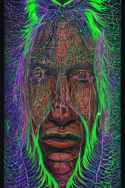 Prompt: beautiful dark portrait of one Bioluminescent old shaman, with cracked fractal semi-transparent skin. multicolored fish scales, closeup. long dark hair with insects and plant leaves. at night, realistic. intricate, very detailed, by alex grey and Moebius