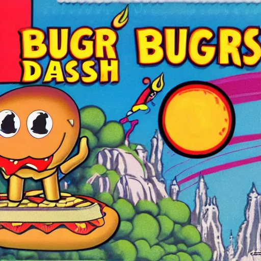 Image similar to video game box art of a commodore 6 4 game called burger dash.