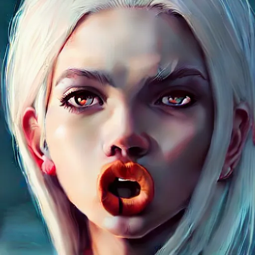 Image similar to longshot of a beautiful girl with white hair crossing her eyes and sticking her tongue out, slight smile, digital painting, concept art, sharp focus, illustration, au naturel, hyper detailed, digital art, trending in artstation, smooth render, bright colors, octane rendered, art by kuvshinov ilya h 6 4 0