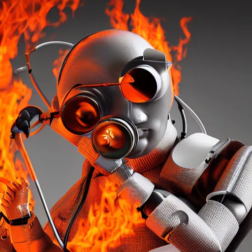 Image similar to An album cover, fire, mask, stethoscope, 3d render, ((robot)), (unreal engine), photograph, portrait, São Paulo