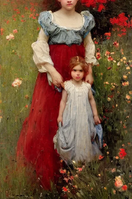 Image similar to Solomon Joseph Solomon and Richard Schmid and Jeremy Lipking victorian genre painting portrait painting of a beautiful young village girl in an open field of flowers, red background