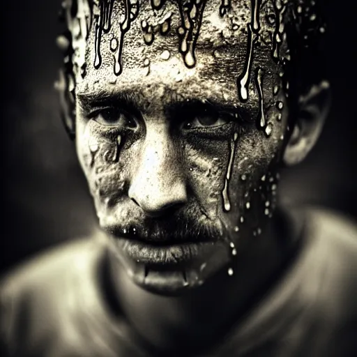 Prompt: A wet-collodion portrait of a man who comes back from a horrific war, he stares into the distance as his eyes show glimmers of hope, depth of field, 50mm lens, studio lighting, high contrast