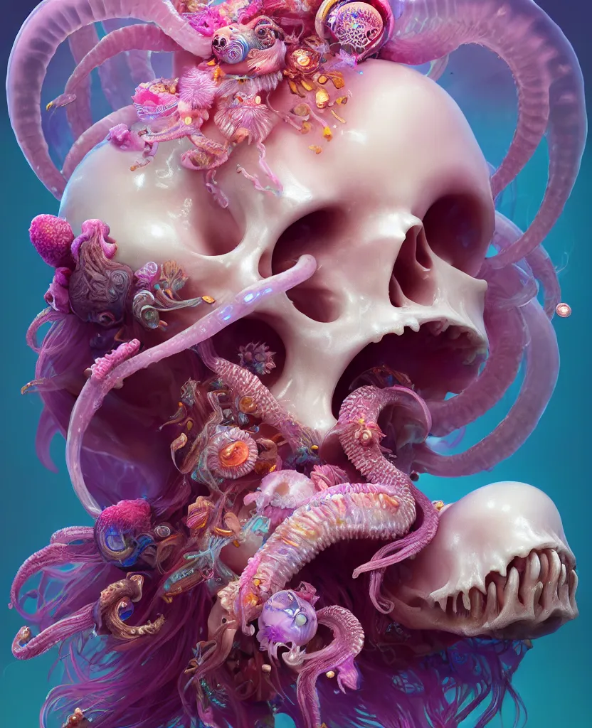 Image similar to goddess princess beautiful face close-up portrait ram skull fluffy toy. jellyfish phoenix head, nautilus, orchid, skull, betta fish, bioluminiscent creatures, intricate artwork by Tooth Wu and wlop and beeple. octane render, trending on artstation, greg rutkowski very coherent symmetrical artwork. cinematic, hyper realism, high detail, octane render, 8k