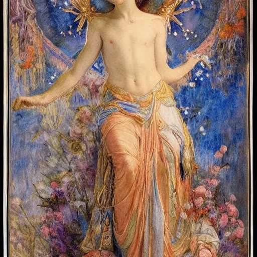 Prompt: coronation of the flower prince, by Annie Swynnerton and Gaston Bussière, embroidered brocade, tattoos, elaborate costume, geometric ornament, symbolist, rich colors, dramatic lighting, smooth, sharp focus, extremely detailed