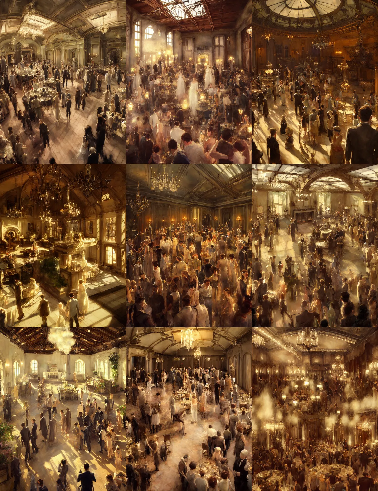 Prompt: craig mullins and ghibli and james gurney detailed painting of a 1 9 2 0 s grand party in a beautiful mansion, vaulted ceiling, many partygoers, strong contrast, unreal engine, hyper realism, realistic shading, cinematic composition, realistic render, octane render, detailed textures, photorealistic, wide shot, 3 5 mm film