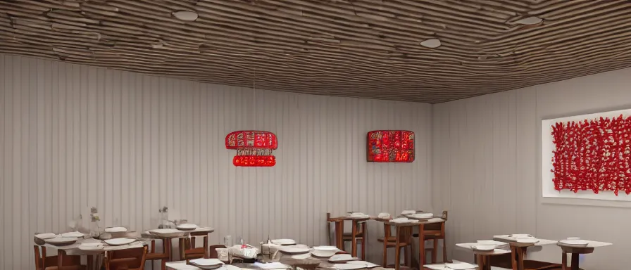 Image similar to a beautiful simple interior render of roasted string hotpot restaurant restaurant yan'an, wall corner, from china, red paper wall and white tile floor, rectangle white porcelain table, fine simple delicate structure, chinese style, simple composition, simple style structure decoration design, victo ngai, 4 k hd