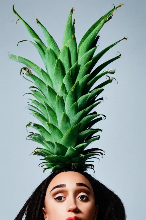 Image similar to doja cat as a pineapple, human face in the shape of a pineapple, professional food photography