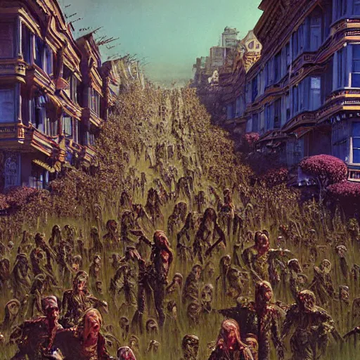 Prompt: painted ladies in san francisco swarmed by an army of zombies. painting by michael walen and bruce pennington.