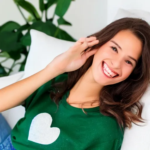 Image similar to Photograph of a cute young woman smiling, long shiny bronze brown hair, heart-shaped face, emerald green eyes, medium skin tone, light cute freckles, smiling softly, wearing casual clothing, relaxing on a modern couch, interior lighting, cozy living room background, medium shot, mid-shot, soft focus, 4k, professional photography, Portra 400