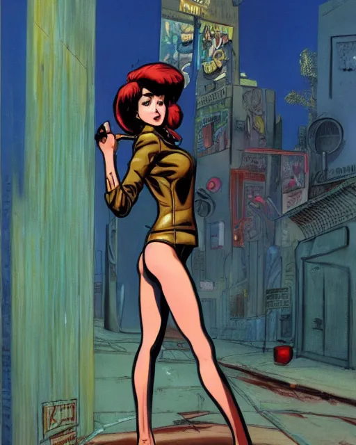 Image similar to young female protagonist in leather jacket, city street, artwork by ralph bakshi