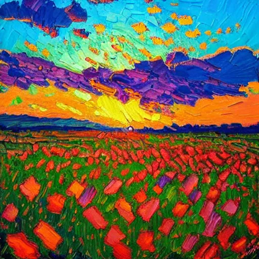 Image similar to a painting of a sunset over a field of flowers, an oil painting by erin hanson, deviantart, american impressionism, rich color palette, impressionism, fauvism