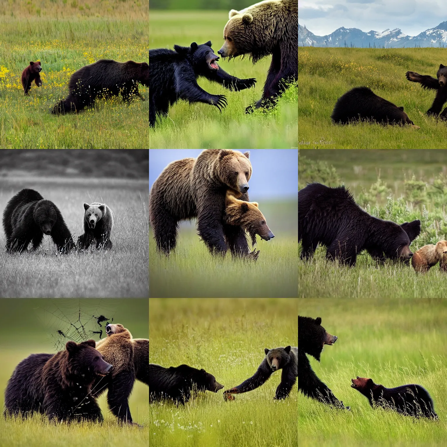 Prompt: an extremely large black spider!!!!!!!!!!!!!!!, fighting a grizzly bear in a meadow, wildlife photography