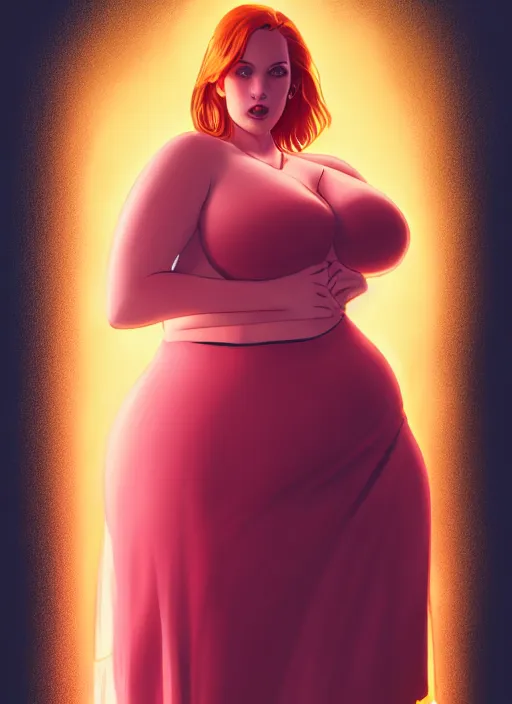 Image similar to full body portrait of teenage cheryl blossom, obese, bangs, green eyes, sultry, realistic, red hair, sultry smirk, wavy hair, pink skirt, fat, intricate, elegant, glowing lights, highly detailed, digital painting, artstation, concept art, smooth, sharp focus, illustration, art by wlop, mars ravelo and greg rutkowski