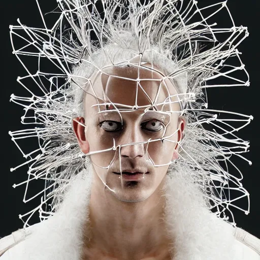 Prompt: a futuristic man portrait by mask made of wires and white gauzes and white fur, necklace made by gauzes twisted around neck, design by leonardo davinci, inspired by egon schiele, gucci, modern art, baroque art jewelry, new classic, fashion design, photorealistic, hyper realistic, cinematic composition, cinematic lighting, fashion design, concept art, 8 k