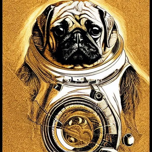 Image similar to pencil art, golden - ratio, spirals, highly detailed, psychedelic shapes, astronaut pug in outer space by davinci.