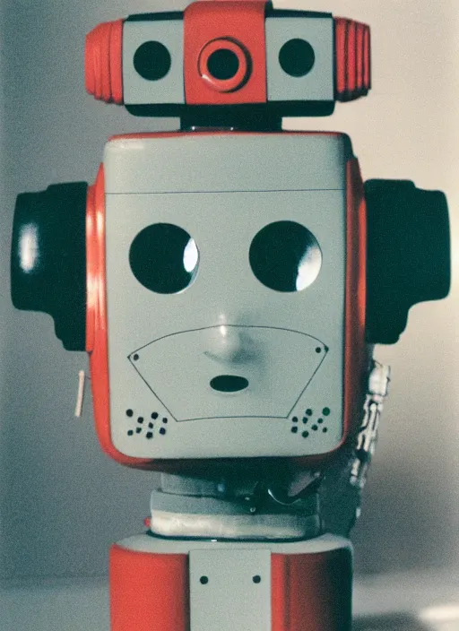 Image similar to a portrait photograph of a robot head designed by douglas coupland, 3 5 mm, color film camera,