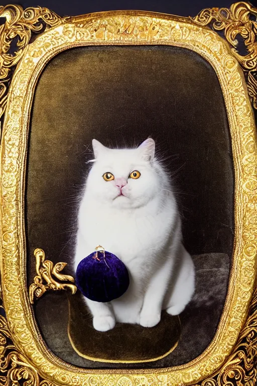 Prompt: a magnificent tintype portrait of a fluffy fat cat on an embroidered velvet cushion on a neo - rococo gilded little bed with precious stones, ball of yarns all around, by david lachapelle, photorealistic, photography, wide shot, silly looking