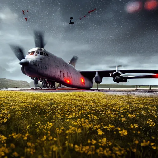 Prompt: a flower growing in battlefield 4 with a lockheed hc - 1 3 0 by simon stalenhag and robbert sammelin and eric persson, 4 k, hd wallpaper, hdr, tonemapping, detailed, atmospheric, majestical lighting, saturated, wet