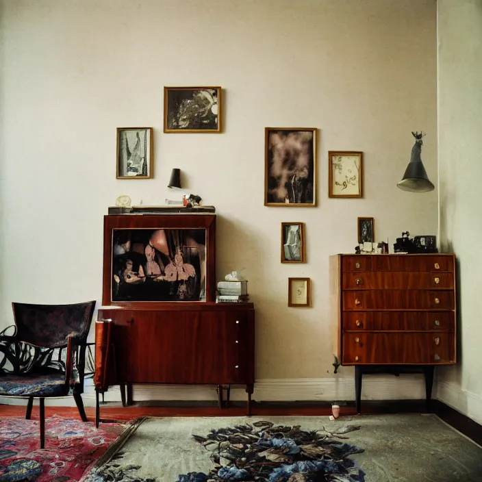 Image similar to kodak portra 4 0 0, wetplate, fisheye, award - winning portrait by britt marling, 1 9 2 0 s art deco room, ghost, picture frames, shining lamps, dust, smoke, 1 9 2 0 s art deco furniture, wallpaper, carpet, books, muted colours, wood, fog, plants, flowers