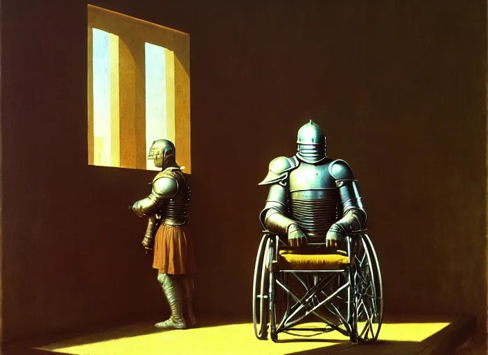 Image similar to knight in armor in a wheelchair do tricks & watch old tv, rome, highly detailed, soft lighting, elegant, by edward hopper and james gillard, zdislaw beksinski, stephen outram, andreas m wiese, carl spitzweg, highly detailed, masterpiece, unreal 6, 8 k