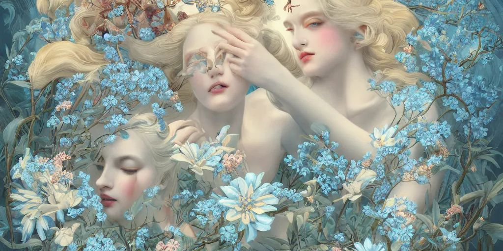 Image similar to breathtaking detailed concept art painting art deco pattern of blonde faces goddesses amalmation light - blue flowers with anxious piercing eyes and blend of flowers and birds, by hsiao - ron cheng and john james audubon, bizarre compositions, exquisite detail, extremely moody lighting, 8 k