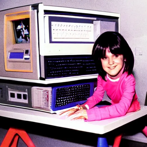 Image similar to Punky Brewster programming a 1980s desktop computer