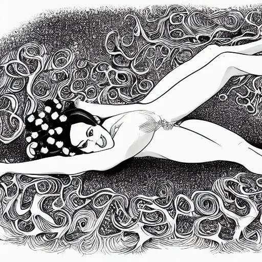 Image similar to surreal fey reclining on cosmic roots, infinity, clean ink, line art, concept art