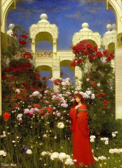 Image similar to the grand temple of flowers, by thomas cooper gotch and frederick arthur bridgman. pre raphaelite, art nouveau, fantasy architecture, symmetry