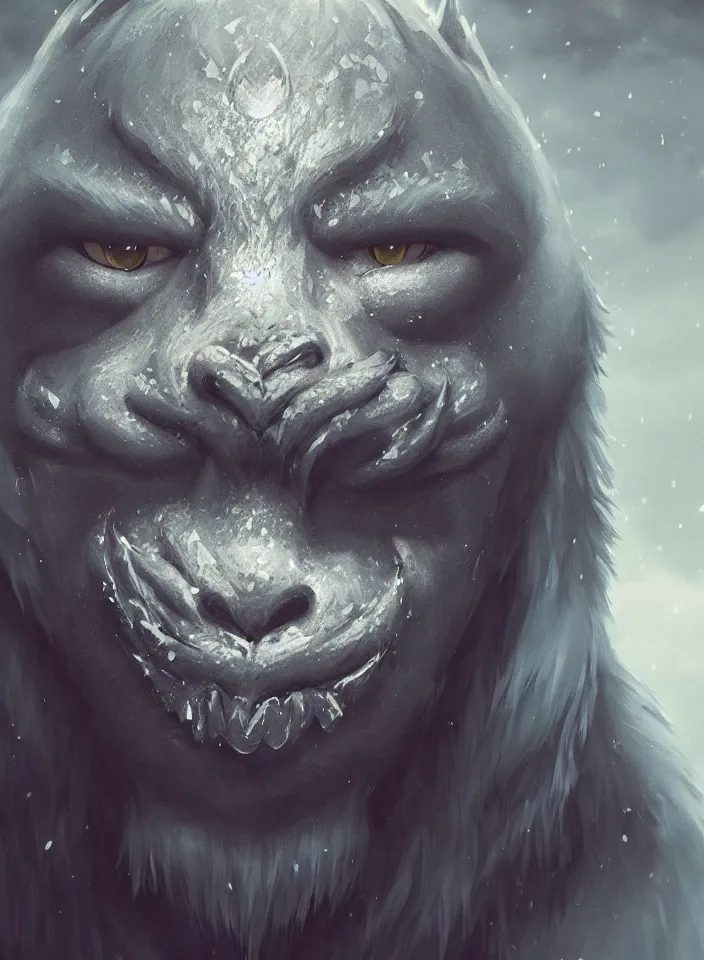 Image similar to a face portrait of a furry ice troll from skyrim, fantasy setting, beautiful face, serene colors, soft lighting, atmospheric, cinematic, moody, in the style of diego koi, gina heyer, luiz escanuela, art by alyssa monk, hyperrealism, rule of thirds, golden ratio, oil on canvas, 8 k