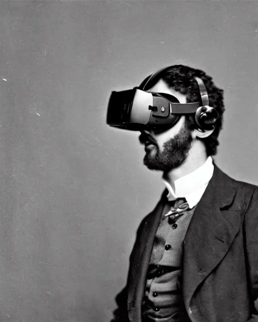 Image similar to 1 8 0 0 s photo of a person wearing a vr virtual reality headset