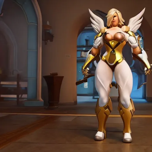 Image similar to a screenshot of arnold schwarzenegger as mercy in overwatch, full body shot