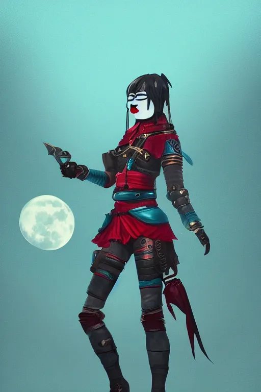 Image similar to female adventurer in tight full - body teal leather armor of japanese design with red accents and a white porcelain crow mask, trending in artstation, japanese, artstation, big moon in the background, establishing shot