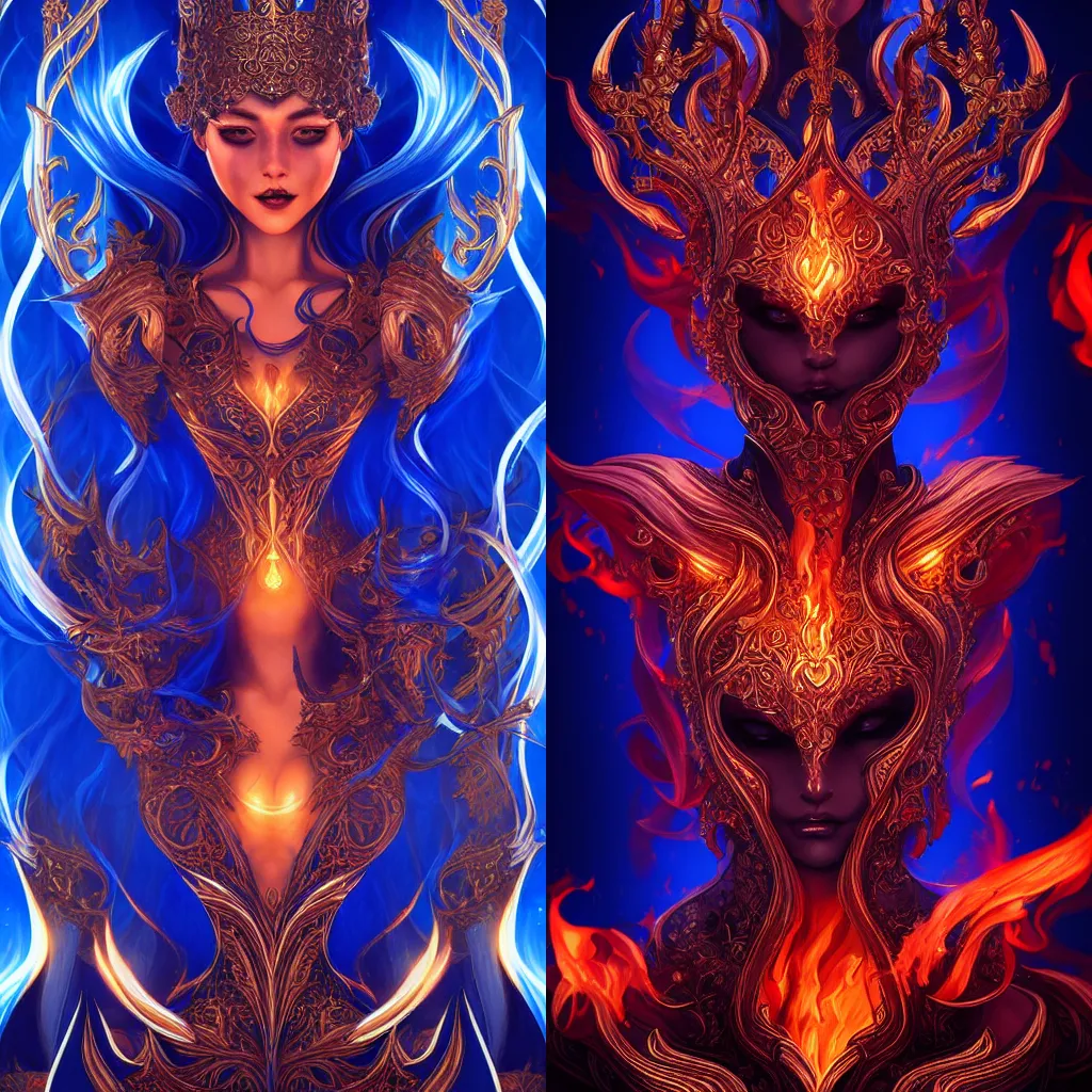 Prompt: brilliant royal blue flames, intricate detail, ornate, digital artwork by artgerm and wpol and sarasti, android jones, artstation