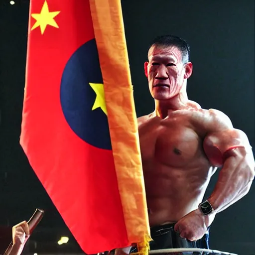 Image similar to Chinese John Cena wielding the CCP flag