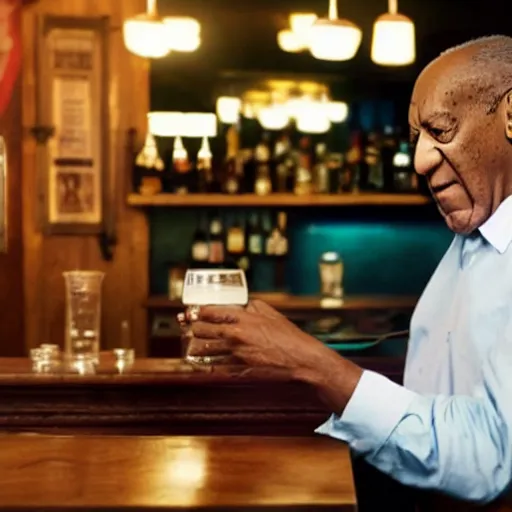 Image similar to bill cosby serving drinks at a bar. photorealistic ultra high definition. movie still.