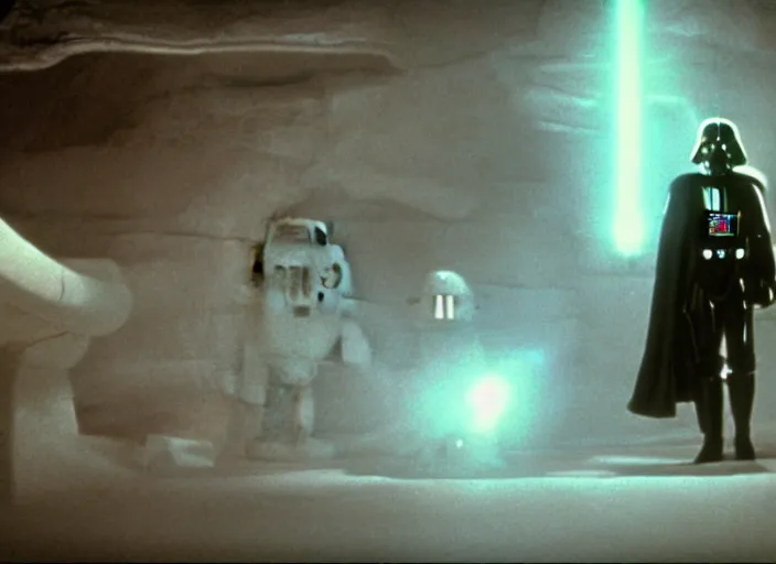 Image similar to screenshot from the iconic scene from the lost star wars 1 9 8 0 s film directed by david lynch, cinematic lighting, unsettling set design with extreme detail, moody cinematography, with anamorphic lenses, crisp, detailed, 4 k image