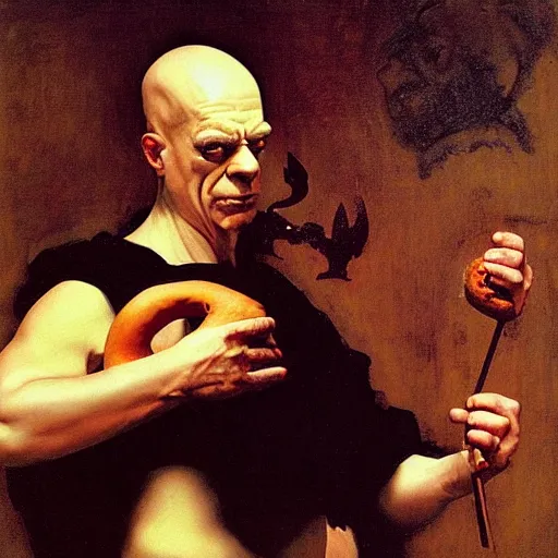 Prompt: a dark portrait of graceful and mischievous homer simpson holding his donut, winged god of love and attraction, caravaggio, norman rockwell, roberto ferri, ruan jia, john william waterhouse, greg rutkowski