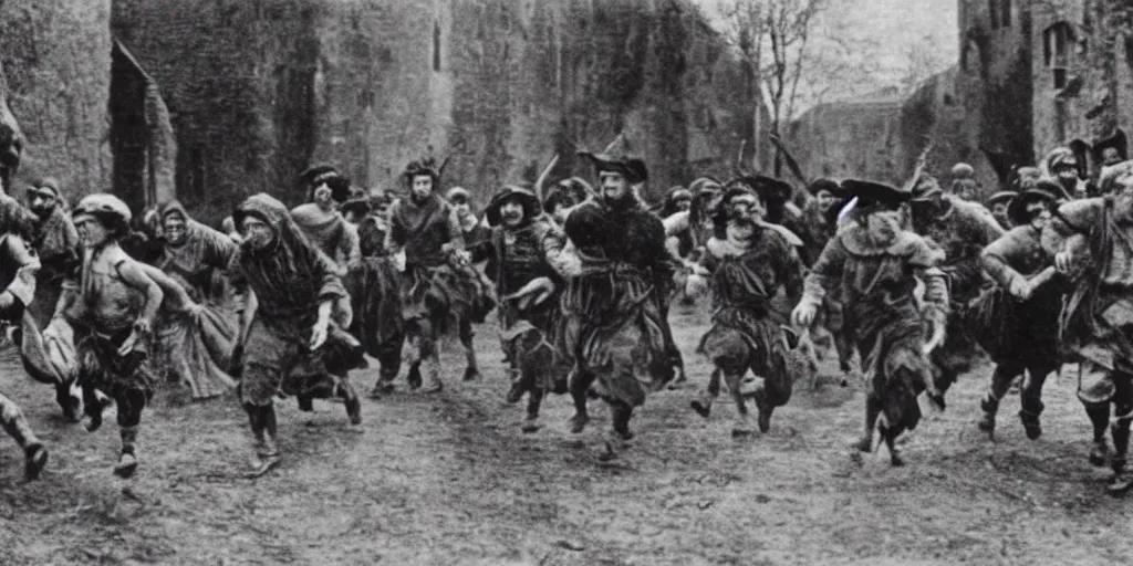 Image similar to villagers running from huge medieval fantasy town, 1 9 1 0 s film scene