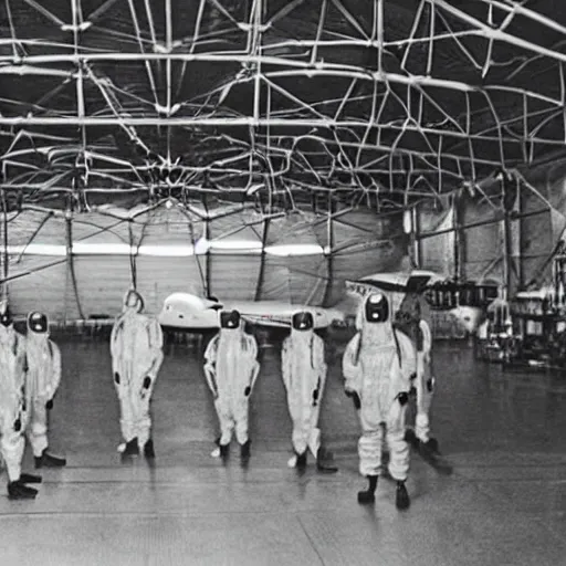 Image similar to an alien ship inside a hanger, old photo, vintage photo, grainy, realistic, real photo, men in hazmat suits standing around