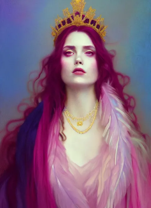 Image similar to ombre velvet gown, feathers, lovely queen, portrait, long hair, small crown with pearls, long pearl necklaces, feral languid woman, by greg rutkowski, anato finnstark, alphonse mucha, global illumination, radiant light