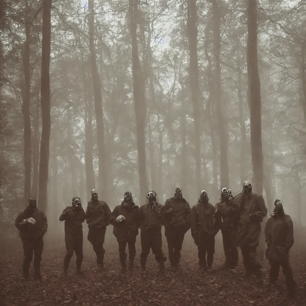 Image similar to high realistic photo portrait group of men with gas masks in a foggy forest, cinestill 800t 35mm, heavy grain, high quality