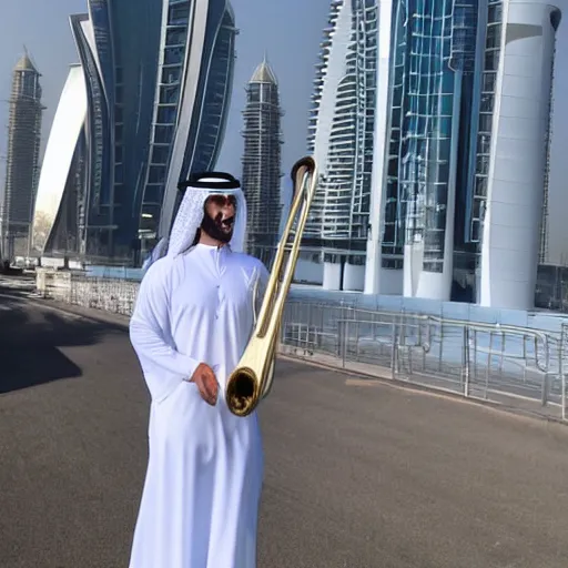 Image similar to a white walker llaying trombone in dubai