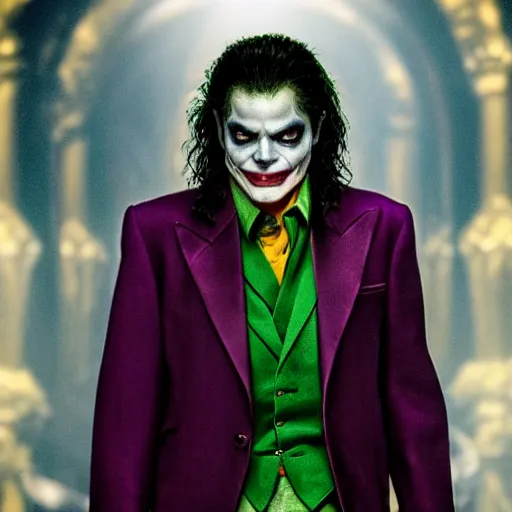 Image similar to stunning awe inspiring michael jackson as the joker, movie still 8 k hdr atmospheric lighting