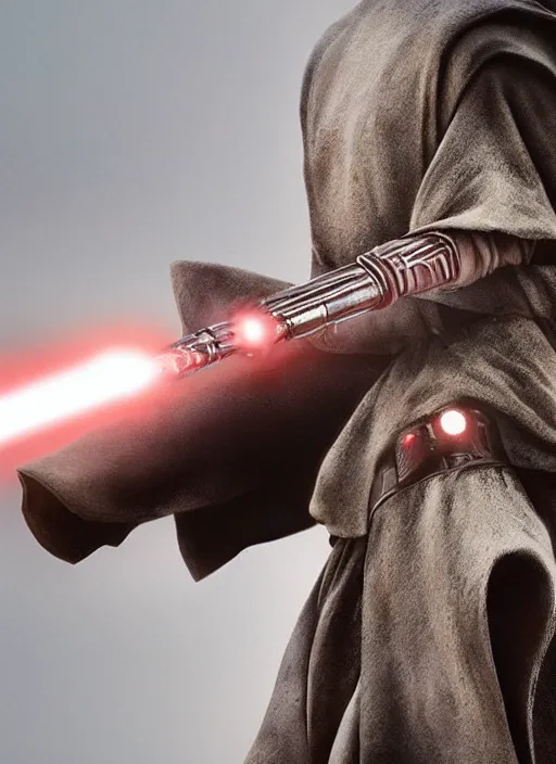 Image similar to close - up of a jedi holding a lightsaber, keanu reeves, greg rutkowski, 8 k, shallow depth of field, intricate detail, concept art,