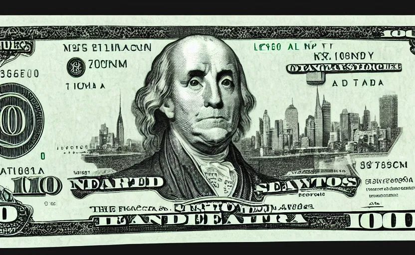 Prompt: rectangular photograph of two hundred dollar u. s. currency note featuring new york city skyline