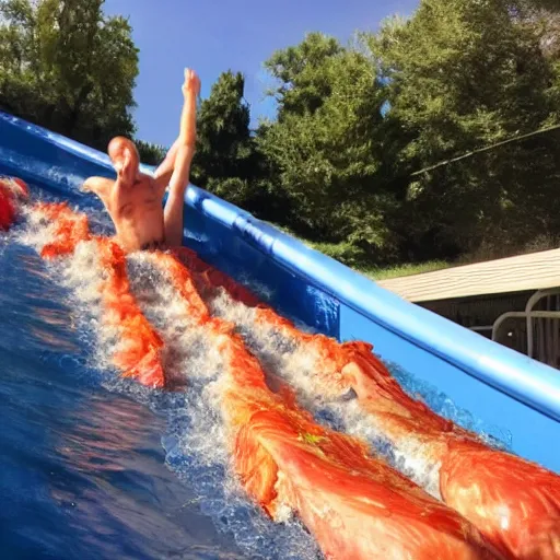 Prompt: raw chicken going down a waterslide